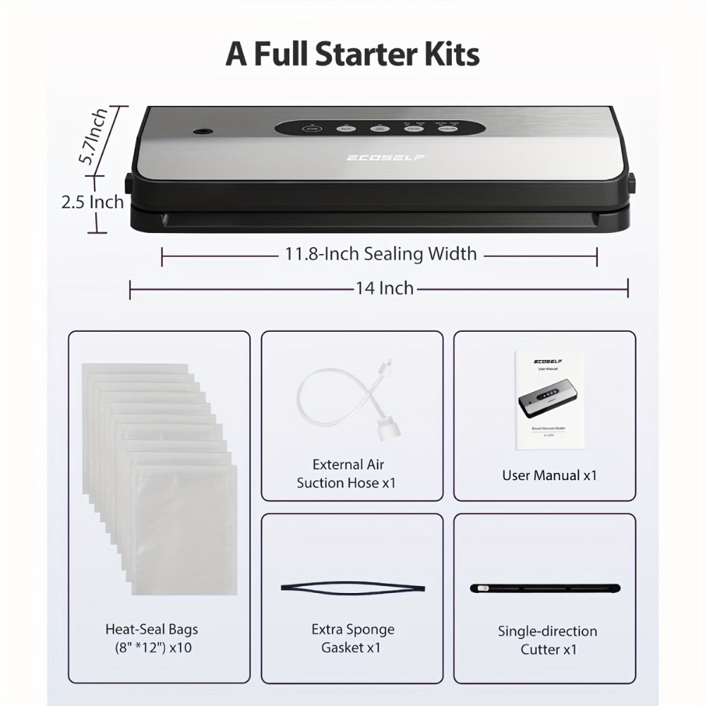 Vacuum Sealer Machine 8-in-1 ¨C 65Kpa Food Sealer with Cutter, Accessory Hose, 10 Bags Included, Stainless Steel, External Vacuum Port for Food Storage, Sous Vide & Meal Prep