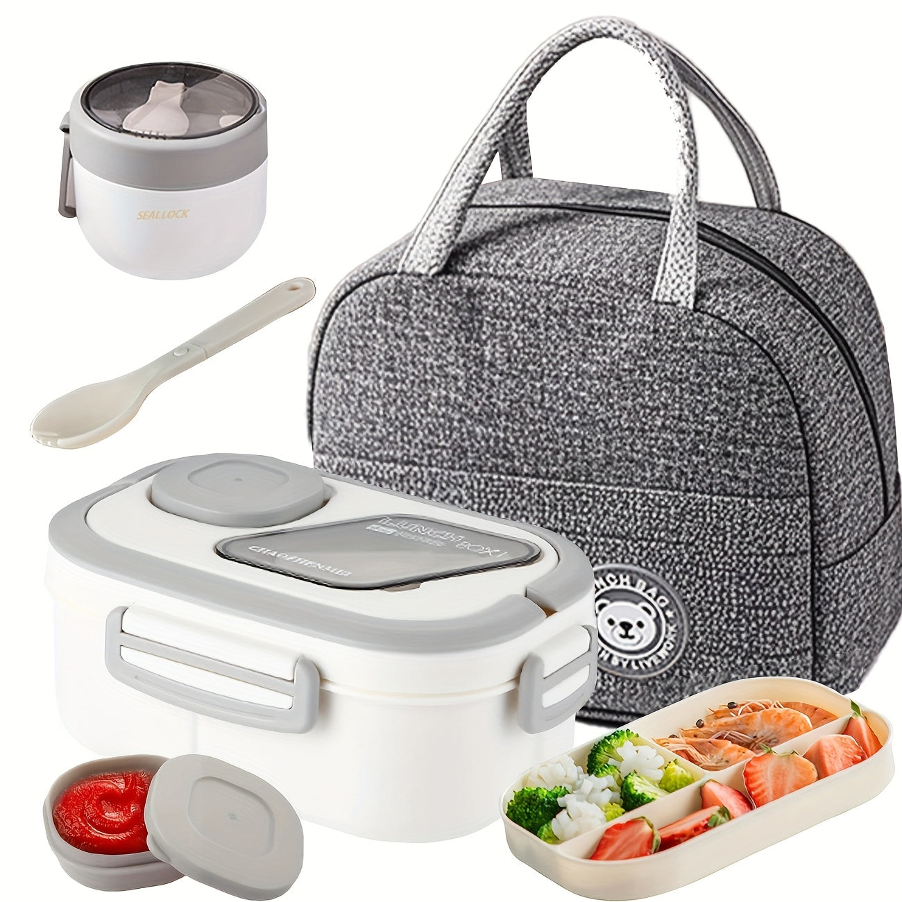 Bento Box 2-Layer with Multiple Compartments - Complete Set with Cup Bag Cutlery and Sauce Box, Microwave Safe Lunch Box for School Work and Outdoor Meals, Leak Proof Temperature Retentive Food Container Available in White Pink and Blue