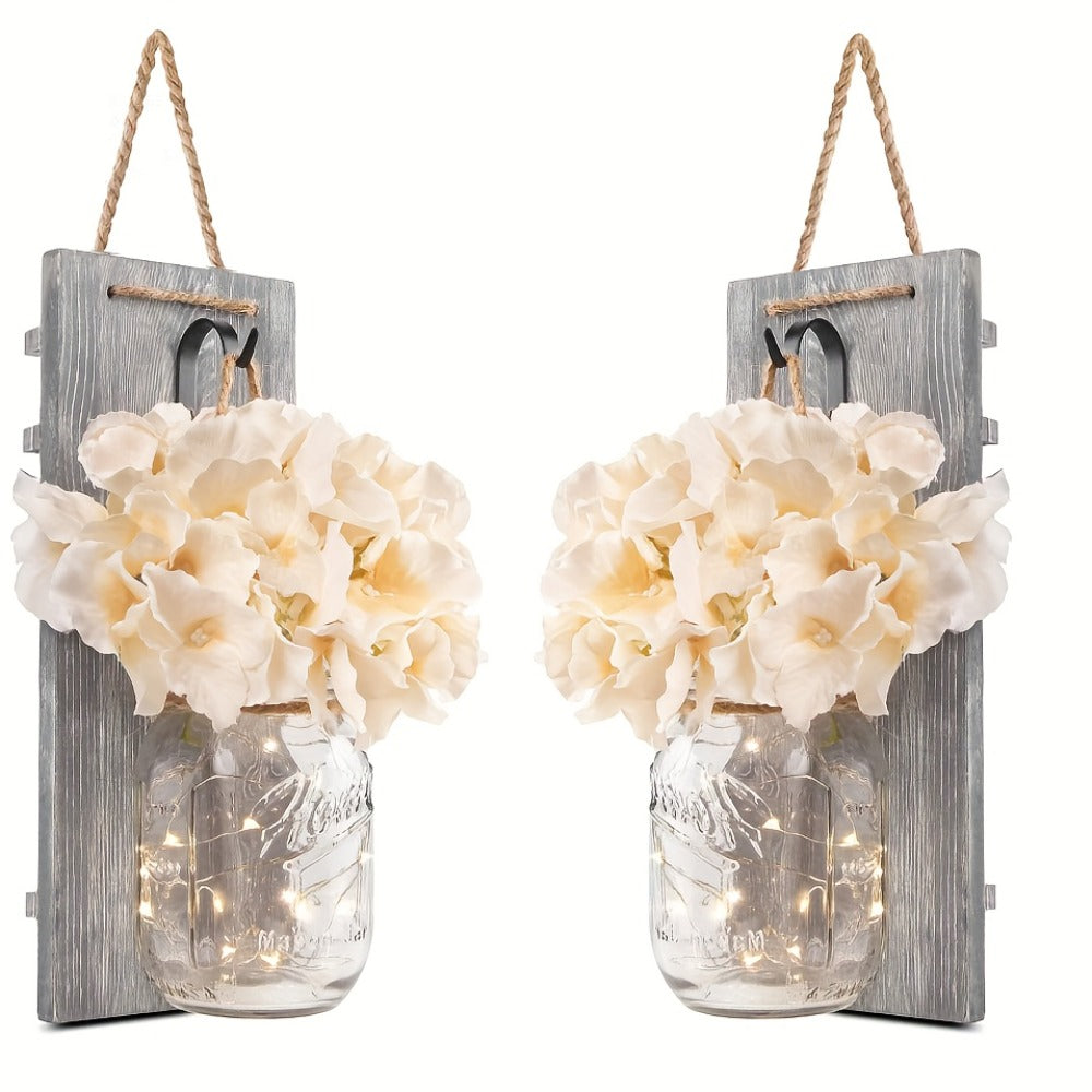 Mason Jar Wall Sconces Set of 2 - Rustic Farmhouse Wall Decor with Ivory Hydrangea Flowers, Warm White Light Fixture for Living Room Bedroom Kitchen Bathroom