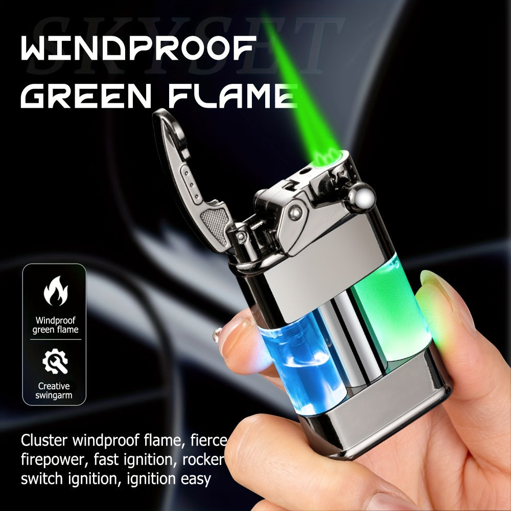 Green Flame Metal Lighter Windproof ¨C Refillable Butane Gas Lighter with Adjustable Flame, Fuel Window & Rocker Arm Ignition, Cool Multifunctional Lighter for Outdoor Camping BBQ Cigars (No Butane)