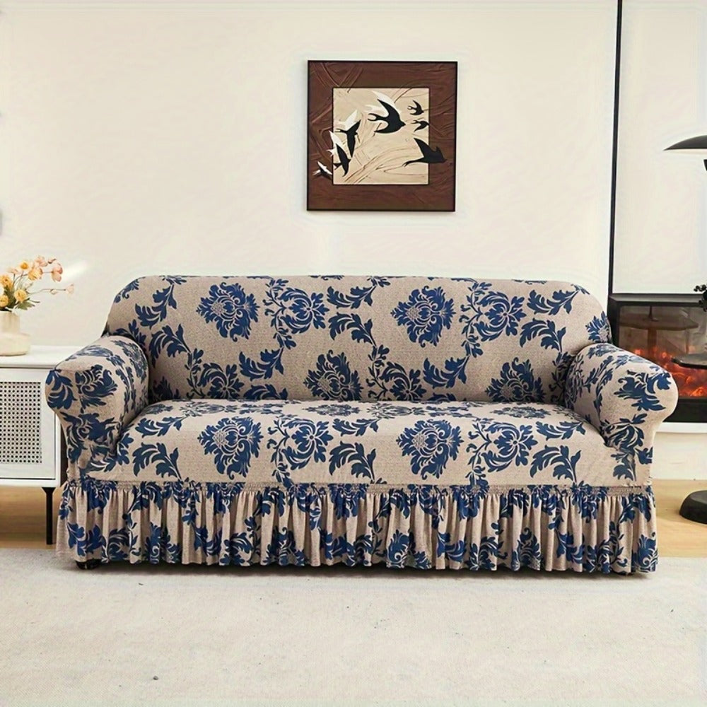 Stretch Sofa Cover Slipcover High-Stretch Fabric Ruffle Skirt Non-Slip Rod All-Season Snug Fit for 1 2 3 4 Seater Couch ¡ª Dark Blue with Pillow Cover