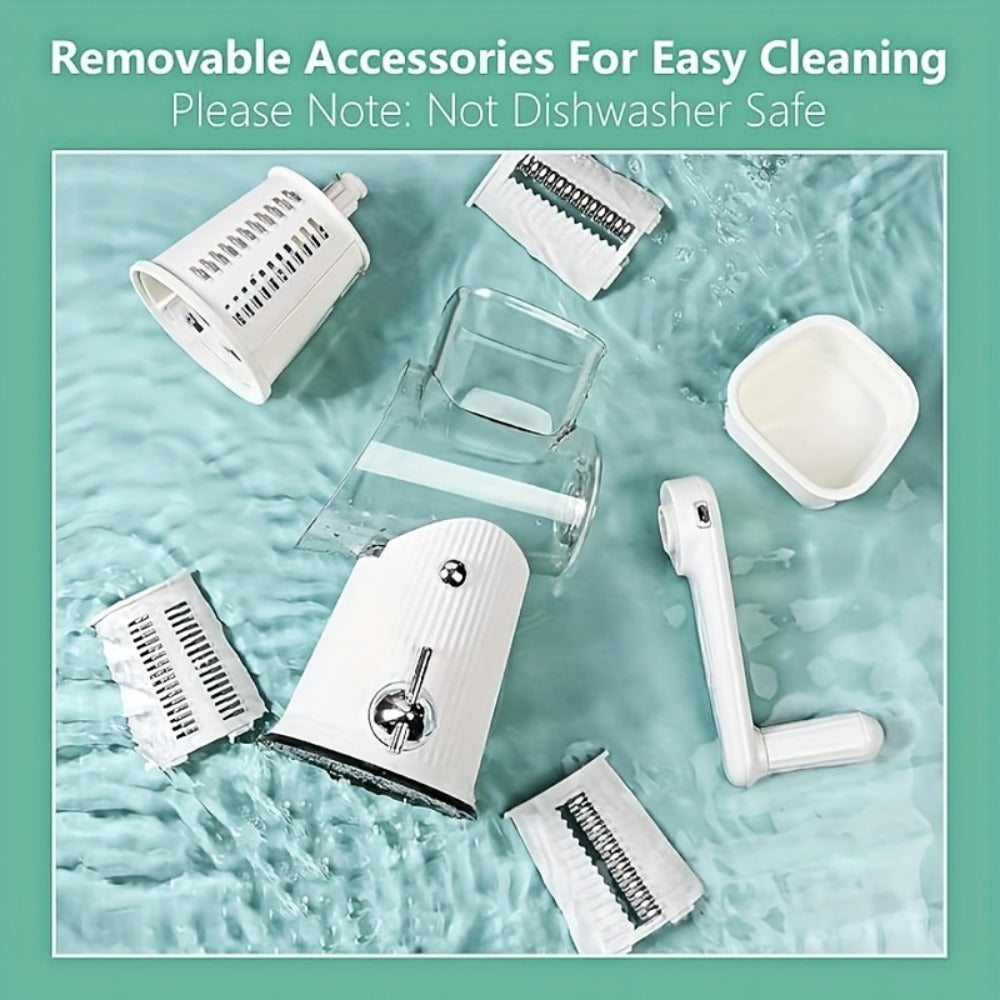 Rotary Cheese Grater with Interchangeable Blades ¨C 5-in-1 Manual Vegetable Slicer Shredder Set, Suction Cup Base, Easy to Clean, Multifunctional Kitchen Tool for Fruits, Vegetables & Nuts