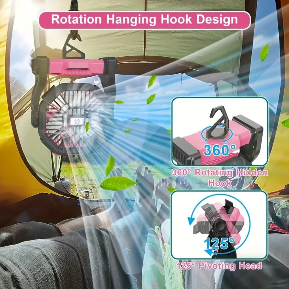 Camping Fan with LED Lantern 3-in-1 Rechargeable Portable Tent Fan with Hook Timer & Rotation for Car RV Barbecue Travel Outdoor