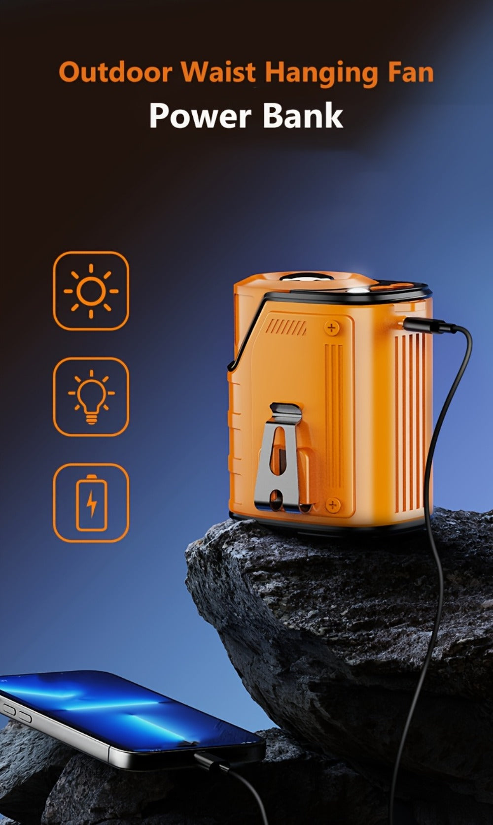 3-in-1 Portable Waist Fan with LED Flashlight & Power Bank | Rechargeable Clip-On Cooling Fan for Outdoor Work, Camping & Construction Sites, 3600mAh Battery, Digital Display