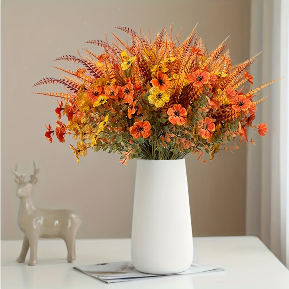 Artificial Autumn Flowers Set of 8 UV Resistant Fake Fall Floral Stems Mix Colors Indoor Outdoor Home Decor Vase Arrangement Fireplace Porch Garden Living Room