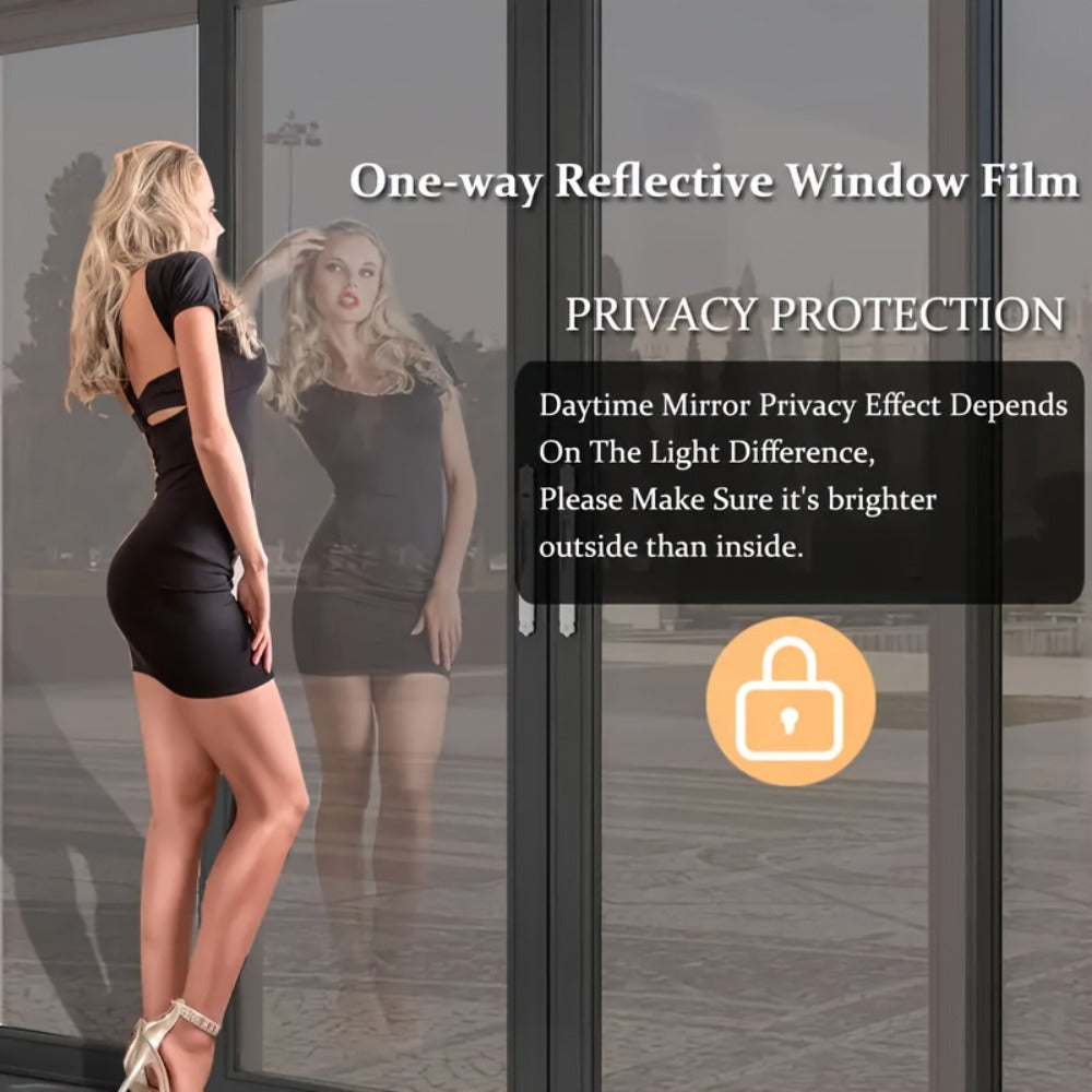 One Way Privacy Window Film Static Cling No Glue - Heat Control Anti-Glare Sun Blocking Reflective Mirror Tint for Home Office Hotel, Nano Ceramic 5Mil PVC, Easy Install Removable Window Privacy Film