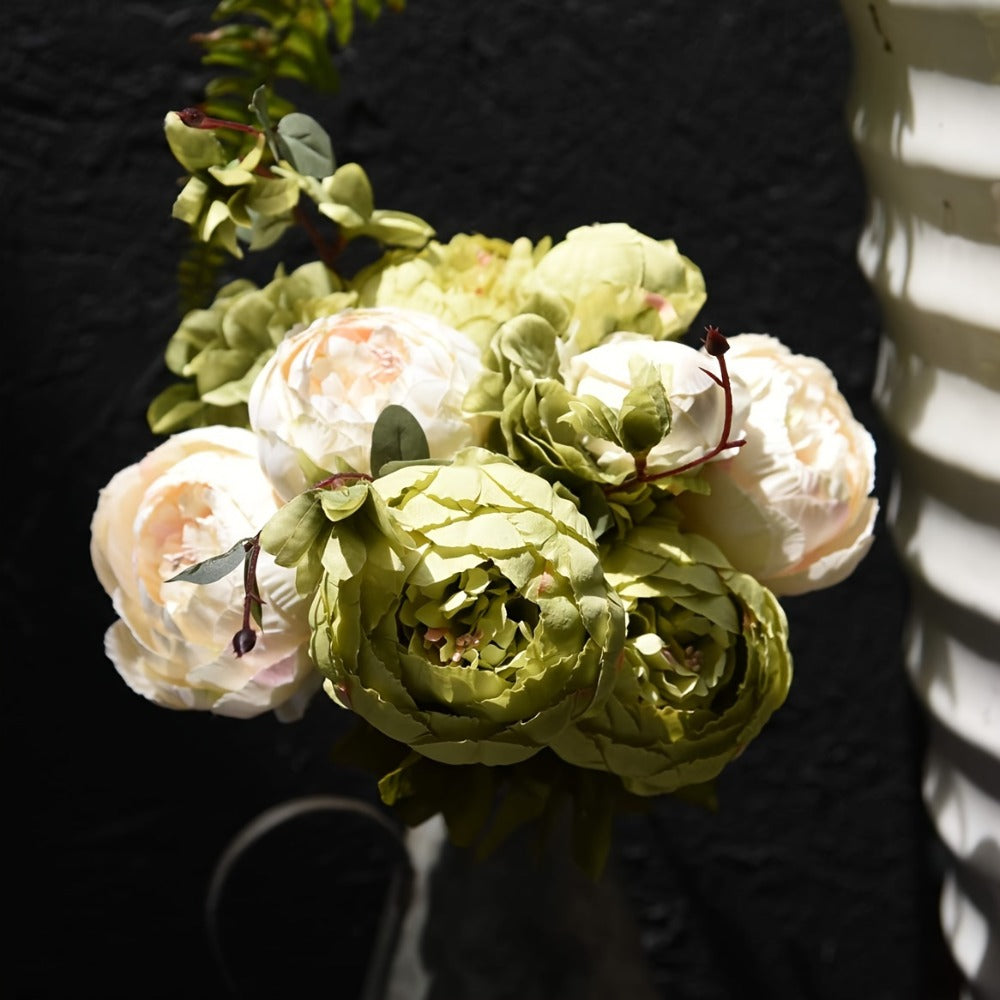 Faux Peony & Hydrangea Bouquet ¨C Vintage Artificial Flowers for Wedding Centerpiece, Bridal Bouquet, Home Decor, Rustic Beige Green Floral Arrangement for Table Vase Living Room & Event Decor