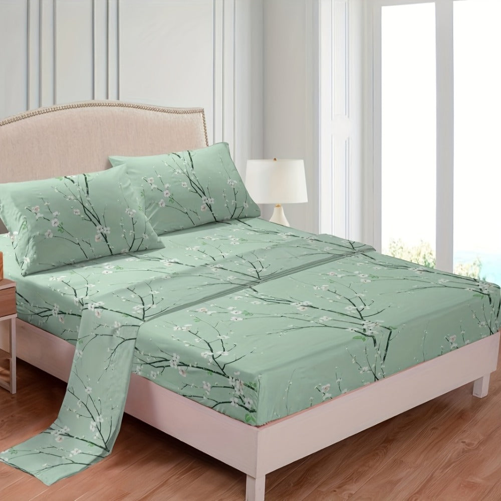 Fitted Sheet Set 4-Piece Plum Blossom Floral Print | Deep Pocket 15¡± Bed Sheets Twin Full Queen King | Soft Polyester Bedding Set with 2 Pillowcases, All-Season Machine Washable