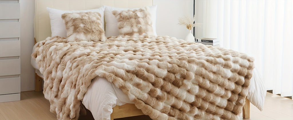 Faux Rabbit Fur Fluffy Blanket ¨C Thick Warm Soft Plush Throw for Bed & Living Room, Luxury Furry Blanket, 8 Colors, 4 Sizes