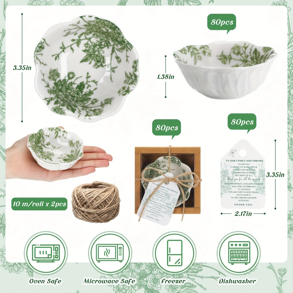 Wedding Favors for Guests 80 Pack Small Ceramic Bowls Bulk Set | 3.3 Inch Green Verdure Mini Dipping Bowl Sauce Dish with Cards & Box for Party Shower Souvenir