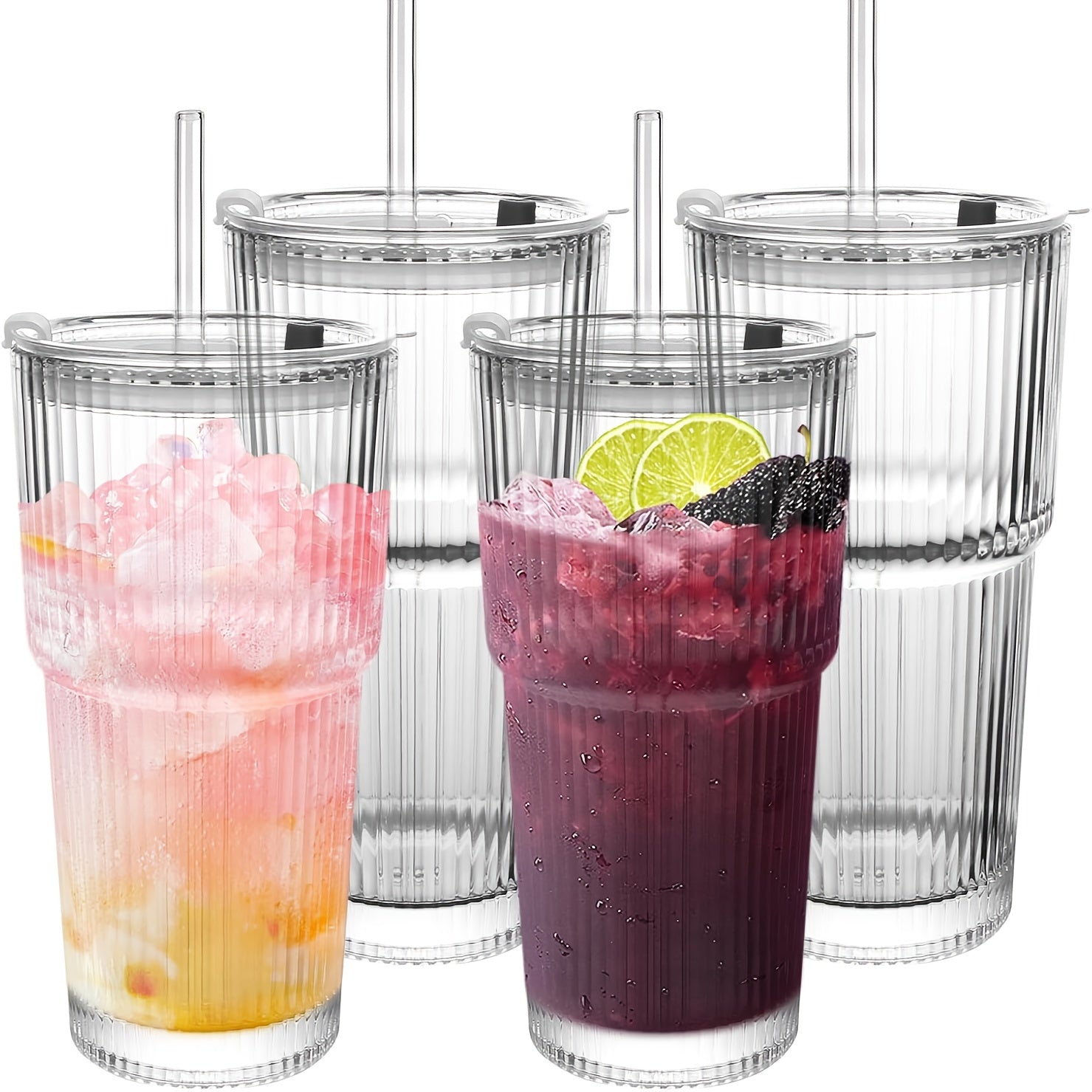 Vintage Striped Drinking Glasses with Glass Straws ¨C 19oz High Borosilicate Iced Coffee Cups Set for Juice, Smoothies & Parties, Thick & Durable Glassware Gift Set (2 or 4 Pack)