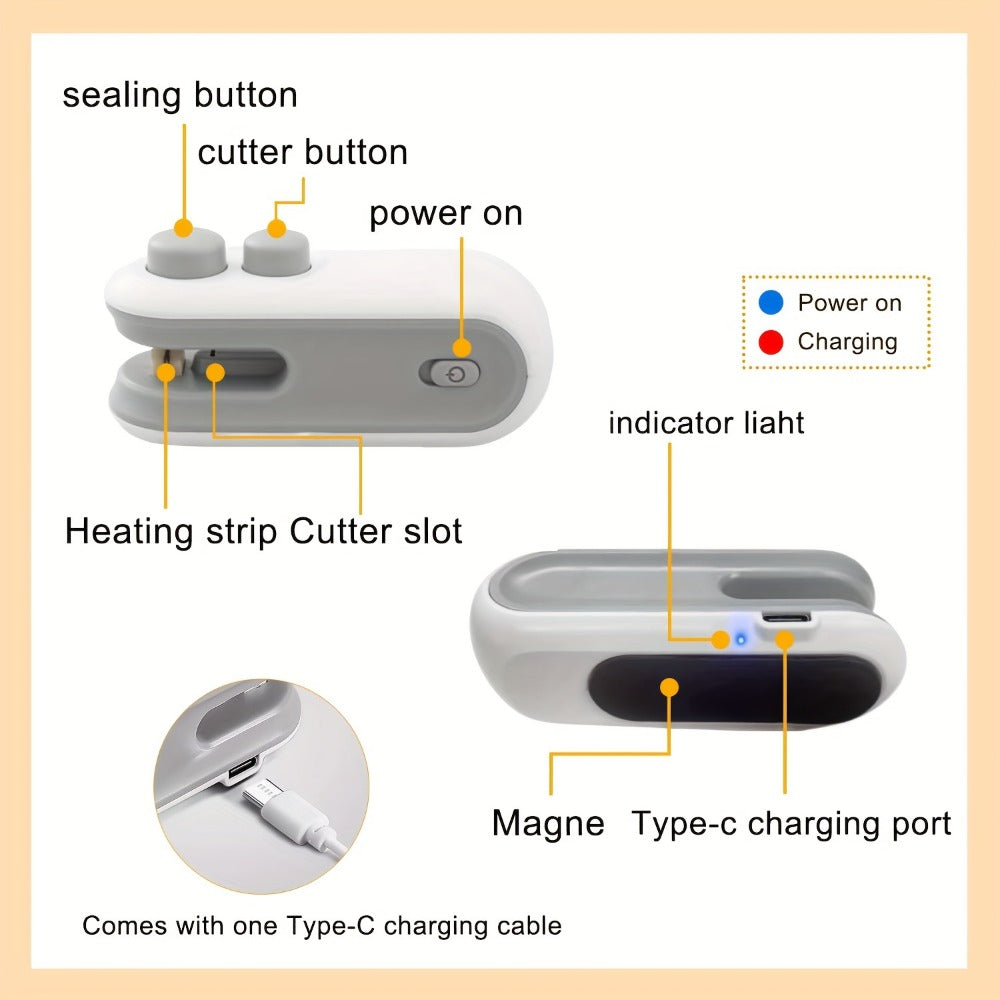 Mini Bag Sealer 2-Pack USB-C Rechargeable 2-in-1 Heat Seal with Cutter ¨C Magnetic Storage Bag Resealer for Plastic Snack Food Bags | Airtight Freshness Keeper Portable Kitchen Gadget White