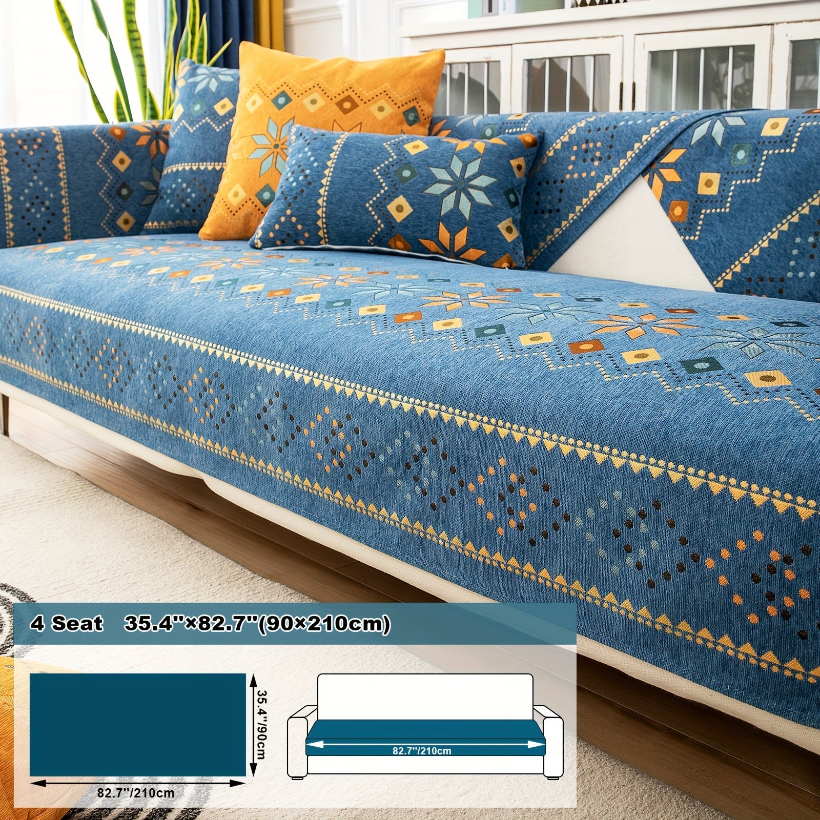 Bohemian Chenille Sofa Cover | Geometric Print Non-Slip Couch Slipcover, Thick Plush Boho Style, 1 to 4 Seat, Armrest & Backrest, Machine Washable, Sectional Sofa Protector