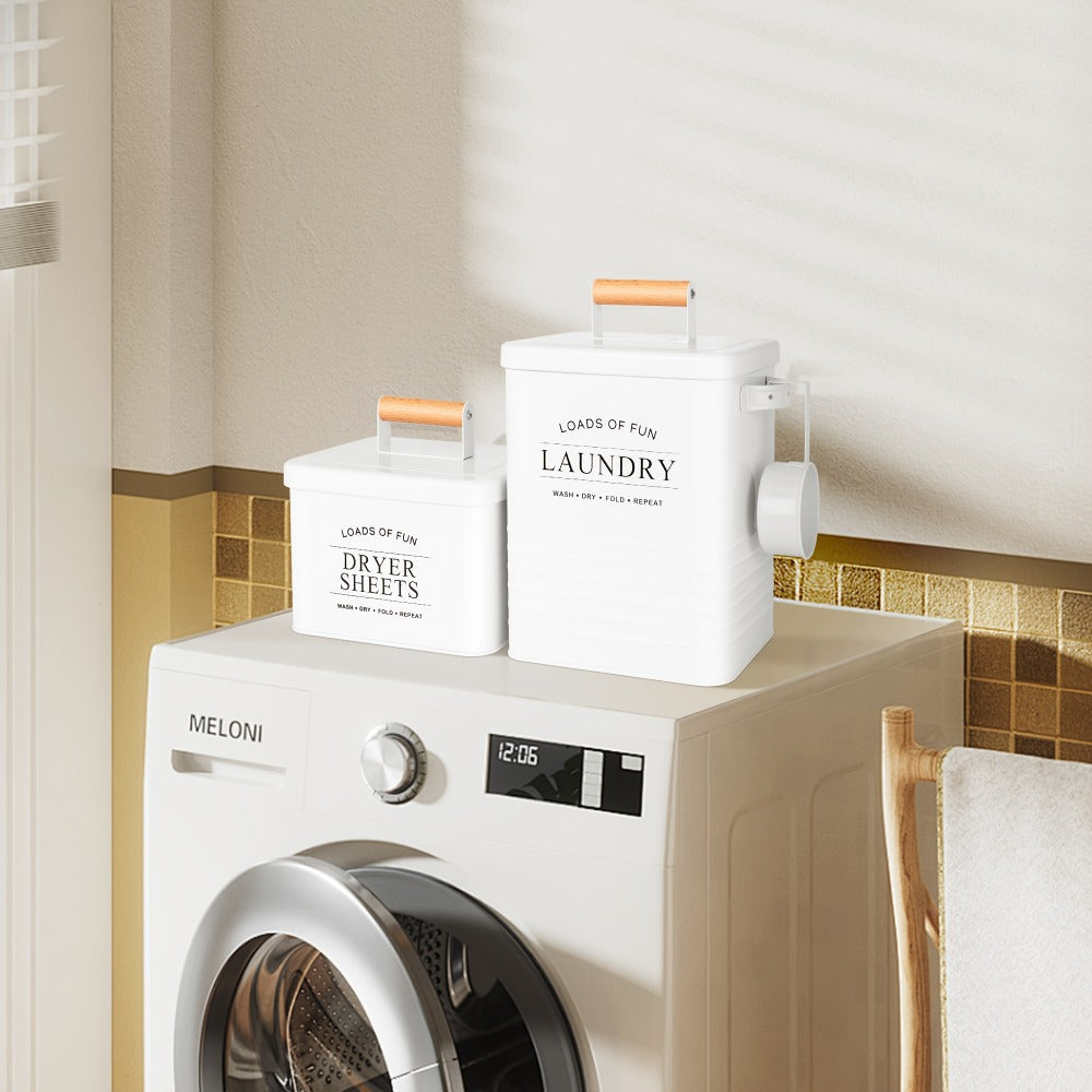 Laundry Pod Container & Dryer Sheet Holder Set with Scoop ¨C Metal Farmhouse Laundry Room Organizer, Detergent Dispenser & Soap Storage