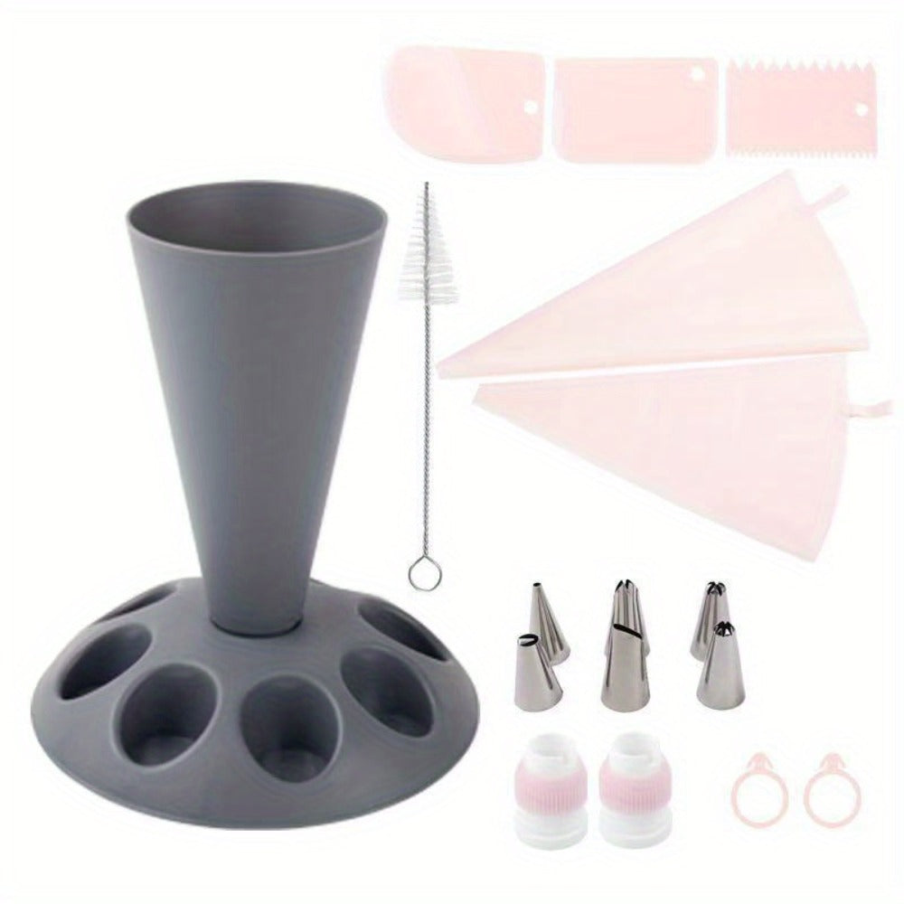 Piping Bag Holder Set 17pcs, Multi-Bag Icing Stand with Various Nozzle Tips for Cake Decorating, Cupcake Frosting, Cookie Decorating, Baking Accessories for Professional and Home Bakers