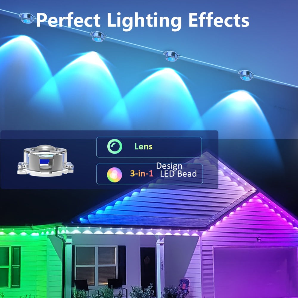 Permanent Outdoor Lights RGB LED Eave Lights with App & Remote Control, IP67 Waterproof, Music Sync, Timer, Triangular Lens Effect, for Christmas Halloween Holiday Everyday Accent Lighting ¨C 15ft to 500ft