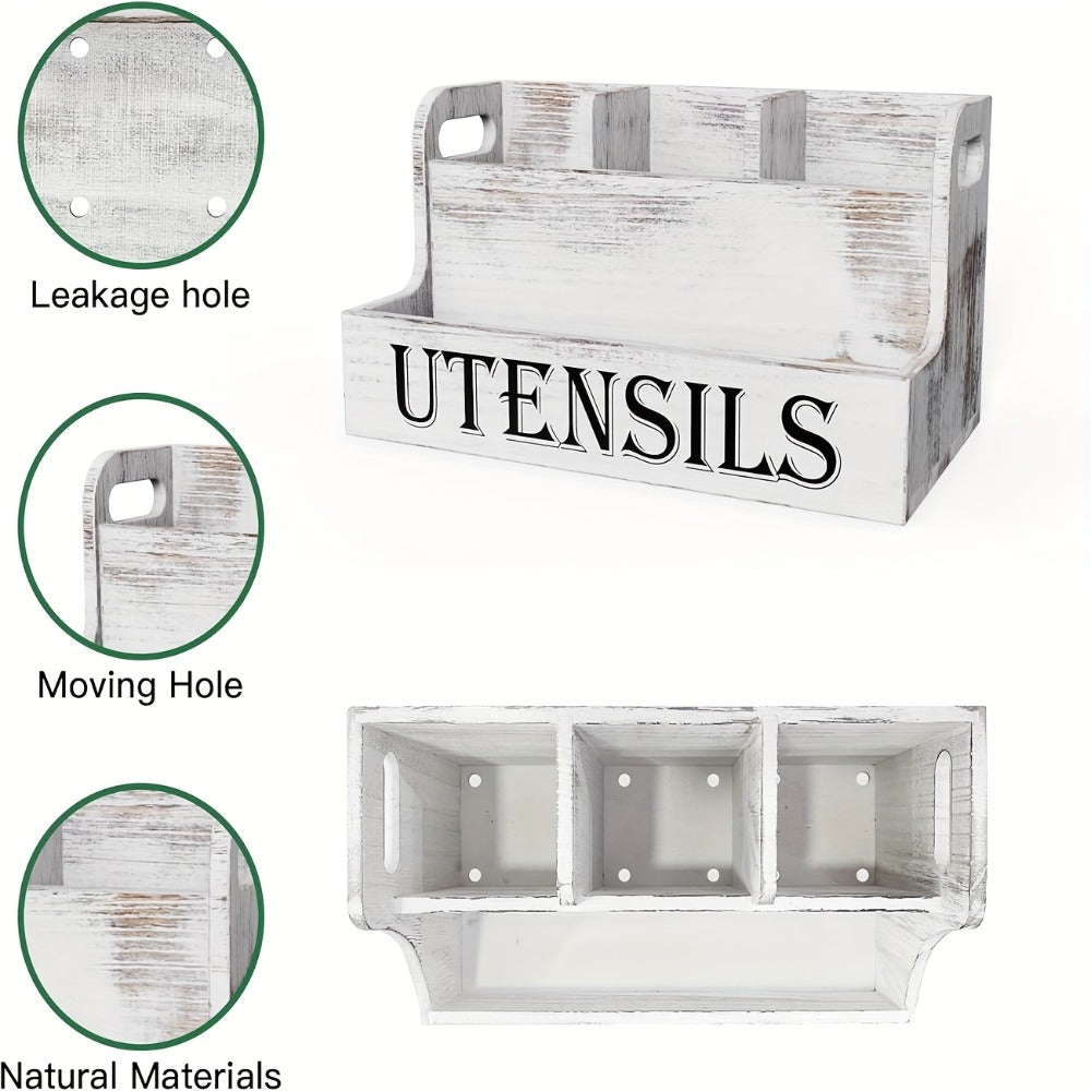 Kitchen Utensil Organizer Extra Large 4 Compartments Wooden Countertop Crock Farmhouse Rustic Cooking Utensil Holder for Kitchen in White and Black