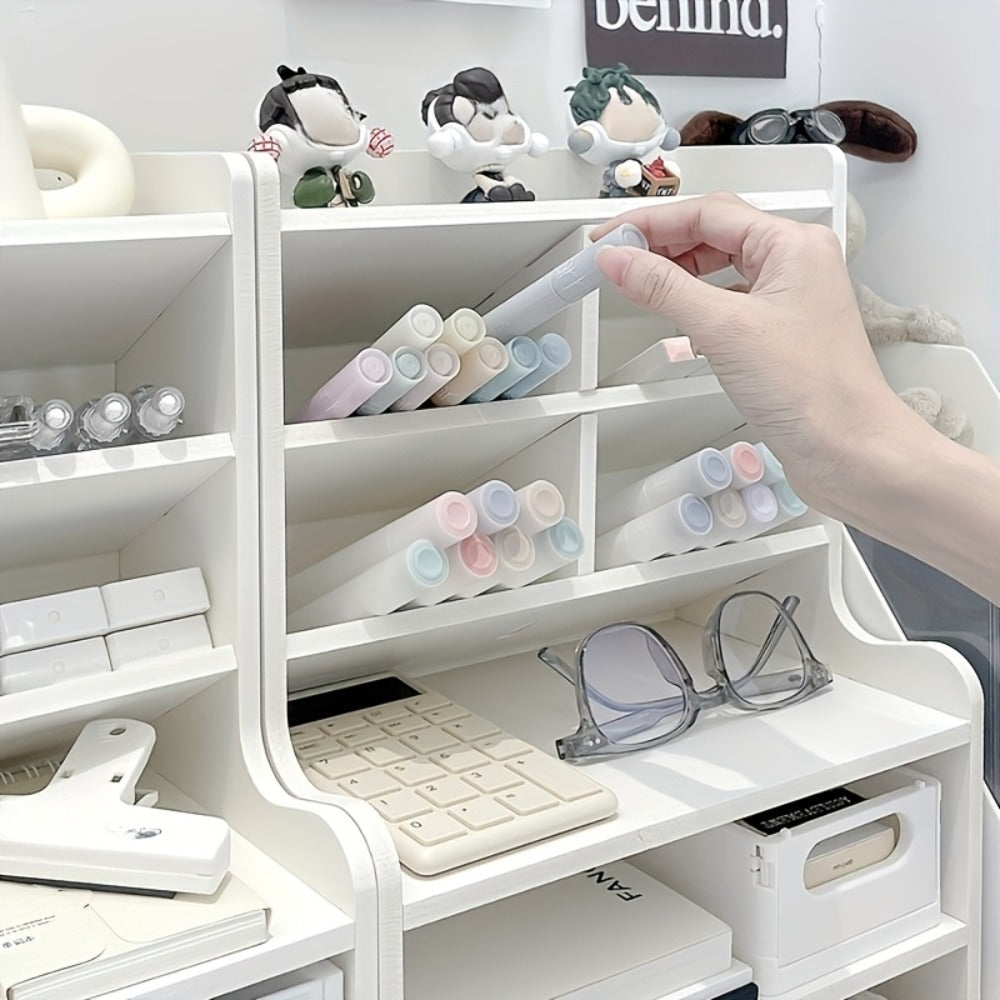 6-Layer Desktop Storage Rack Desk Organizer with File Holder Pen Holder Space-Saving Office Organizer Matte White PVC Stationery Cosmetics Dormitory Bookshelf Partition Box Multiple Sizes