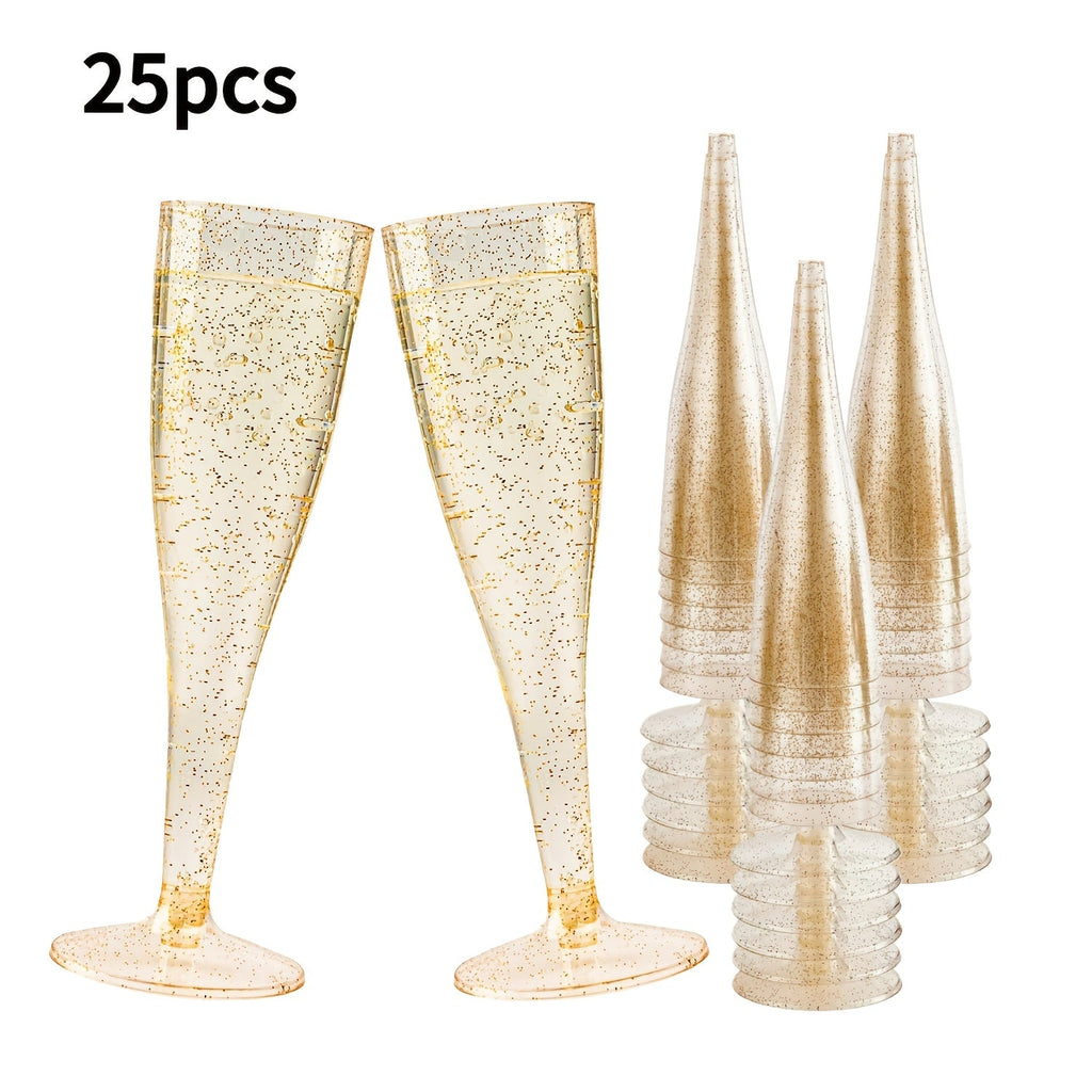 Plastic Champagne Flutes Bulk 25 50 Pack Disposable Reusable Golden Glitter Champagne Glasses Stackable Food-Grade PS Party Cups for Wedding Birthday New Year Picnic Brunch Events
