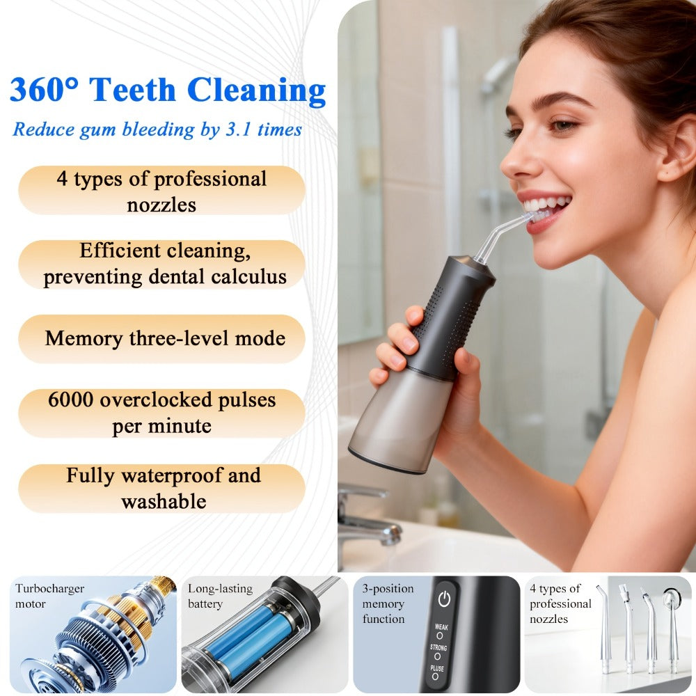 Water Flosser Cordless Oral Irrigator - Rechargeable Electric Dental Cleaner with 6 Interchangeable Nozzles, Adjustable Pressure Control, Plaque & Tartar Removal, USB Powered, Portable for Home & Travel Use