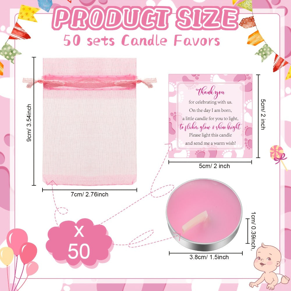 Tealight Candles Party Favor Sets 50 Pack with Gift Bags and Cards - Unscented Paraffin Wax Tea Lights Bulk Set for Weddings Birthdays Baby Showers Pink