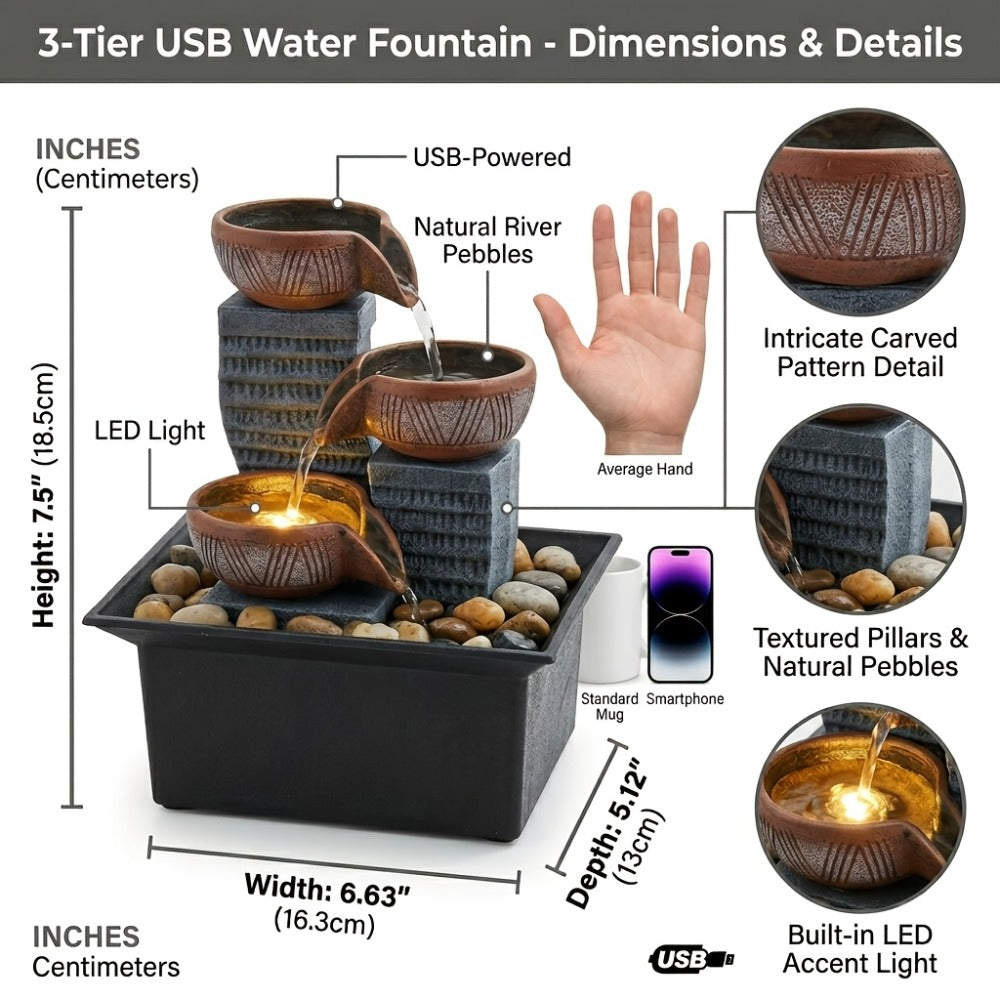 Tabletop Water Fountain Indoor ¨C 4-Level Desktop Waterfall with LED Lights & Natural River Stones, USB Powered Meditation Fountain for Home Office Relaxation, Zen Desk Decor with Bubble Balls