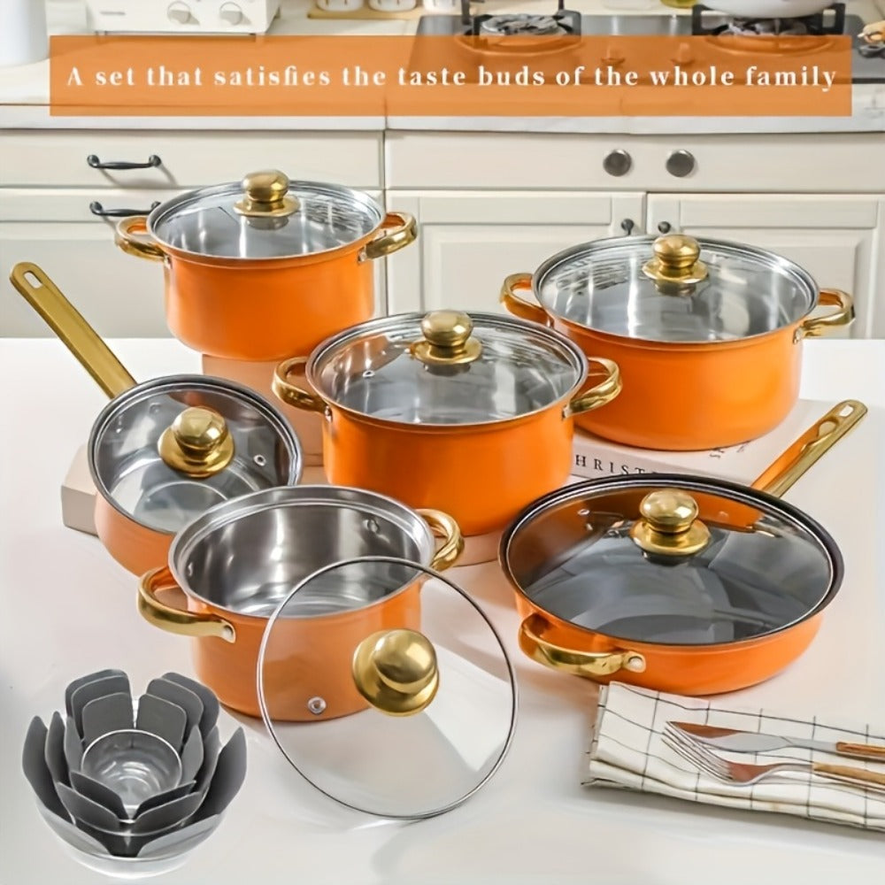 Stainless Steel Cookware Set 10 12 15 Piece Pots with Lids Double Handles Cooking Pot Set for Soup Hot Pot Noodles Pasta Home and Restaurant Kitchen Multiple Colors and Sizes Available