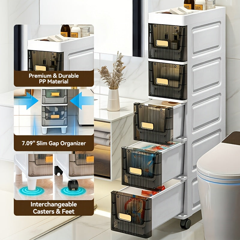 Slim Storage Cabinet with Drawers & Wheels - Waterproof PP Bathroom Kitchen Organizer, 3-5 Layer Tower Unit for Small Spaces