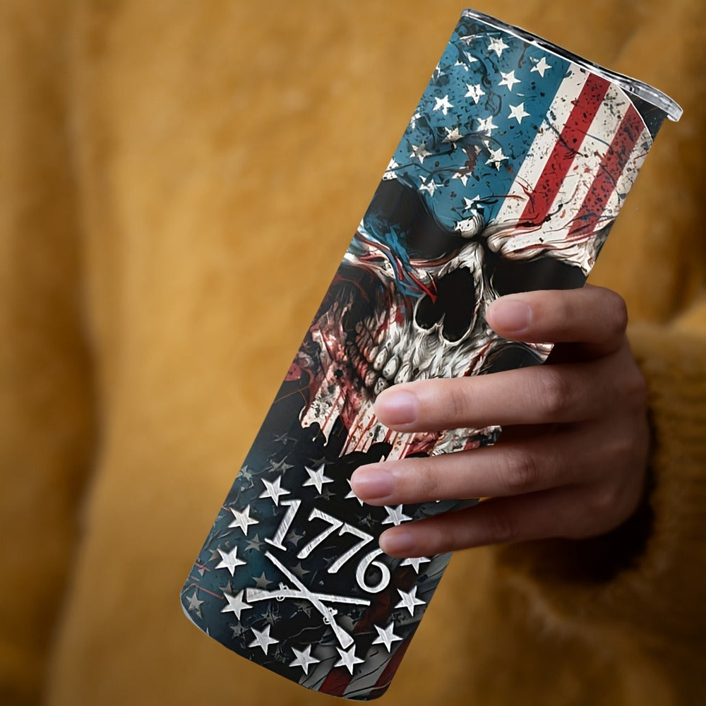 Skull Tumbler 20oz Patriotic Skull Pattern Stainless Steel Insulated Cup with Lid & Straw Travel Coffee Mug Hot Cold Drinks Gift Birthday Halloween Christmas
