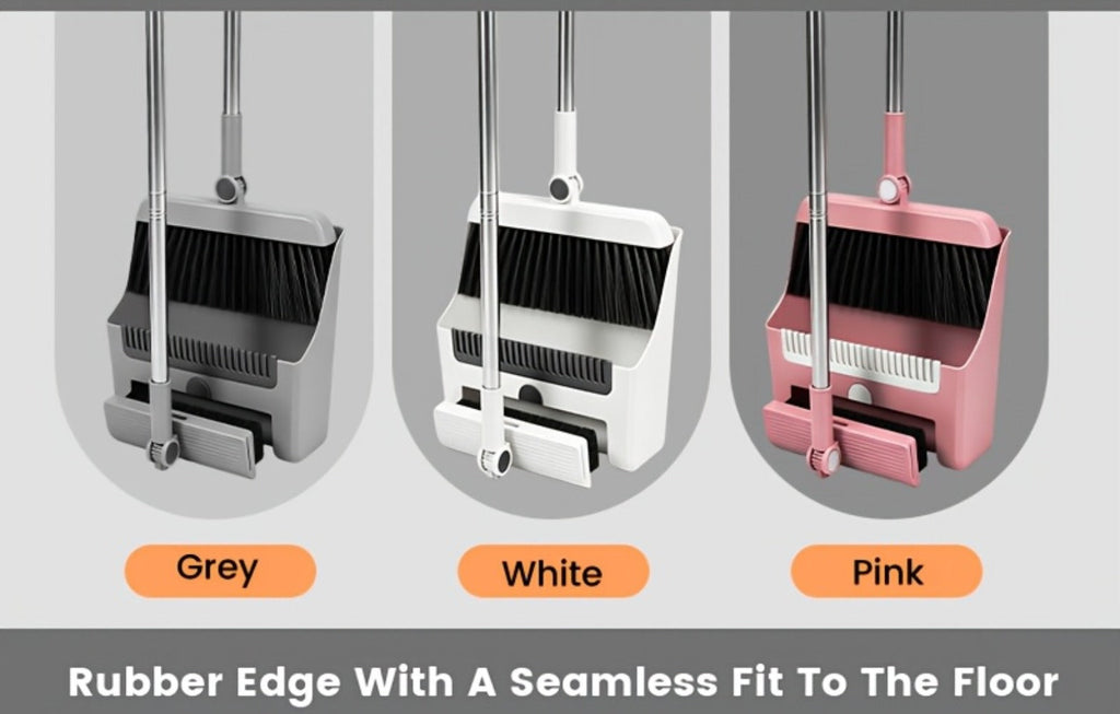 Broom and Dustpan Set 3-in-1 with Wiper - Non-Stick Hair Sweeper Household Floor Broom Combo for Indoor Outdoor Use - Ergonomic Handle Dustpan Broom Kit for Home Kitchen Office - White Pink Gray