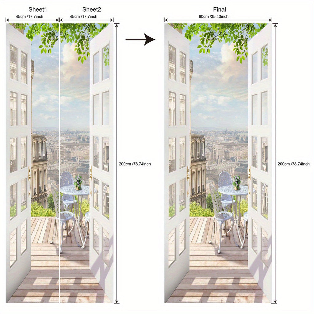 Door Sticker Balcony Scenery Wall Mural ¨C Removable Waterproof Peel & Stick Large Wall Art for Bedroom & Living Room, Faux Window View Home Decor, 35.43 x 78.74 Inches