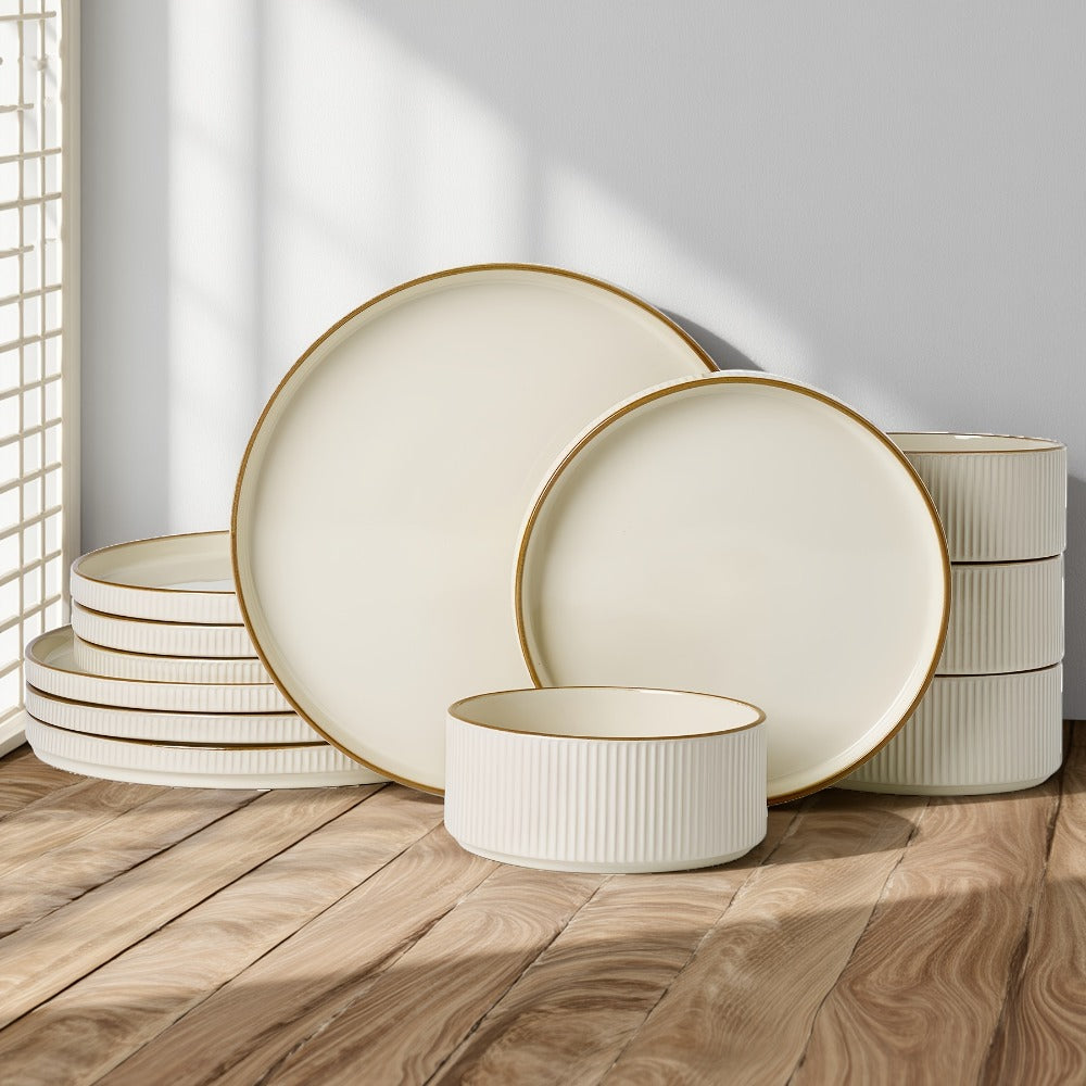 Dinnerware Set for 4 12 Piece Stoneware Plates and Bowls Set Microwave Dishwasher Safe Lead Free Double Reactive Glaze Dinner Plates Salad Plates Cereal Bowls for Everyday Use Holiday Gifts