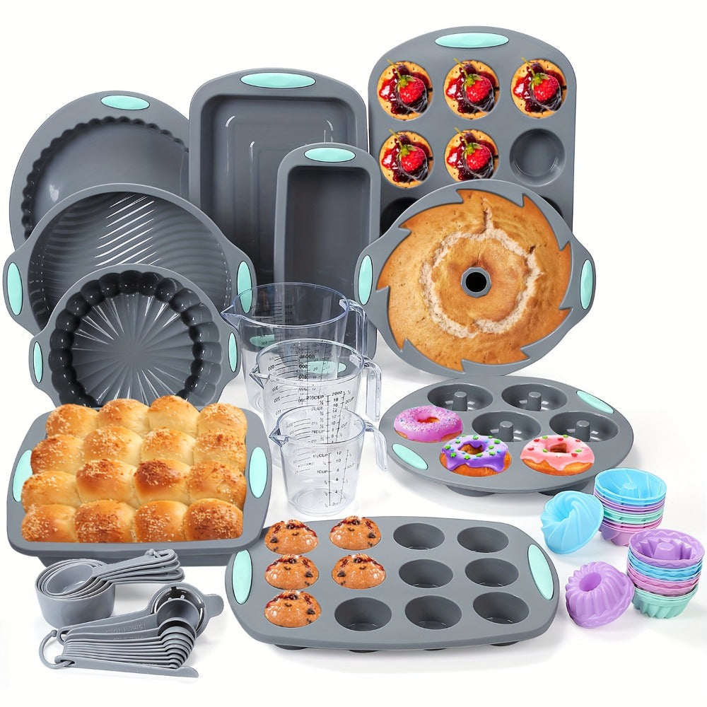 Silicone Bakeware Set with Cake Molds, Muffin Pan, Donut Pan, Baking Sheet, Baking Cups & Measuring Cups Spoons, Complete Nonstick Silicone Baking Set for Oven, 45-Piece 53-Piece or 83-Piece Options