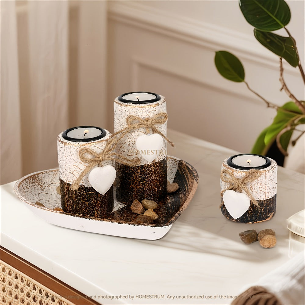 Wooden Candle Holder Set of 4 ¨C Love Heart Tray, Tea Light Holder, Knot Bow Decoration & Decorative Stone Bowl for Home Decor, Valentine's Day, Christmas & Easter Gift