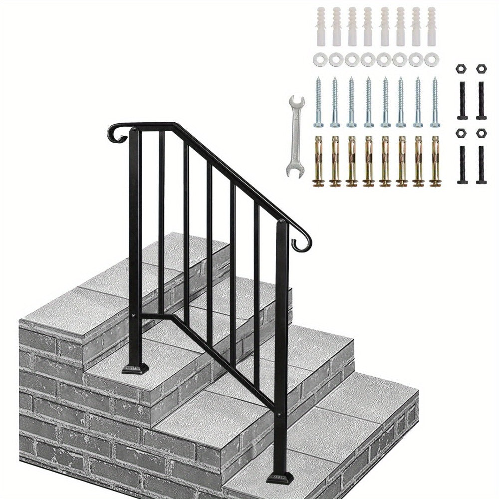 Wrought Iron Stair Handrail for 2-3 Steps - Matte Black & White Powder Coated Iron Picket Railing with Stainless Steel Post Mounts, Indoor Outdoor Home Safety Grab Bar & Accessibility Rail