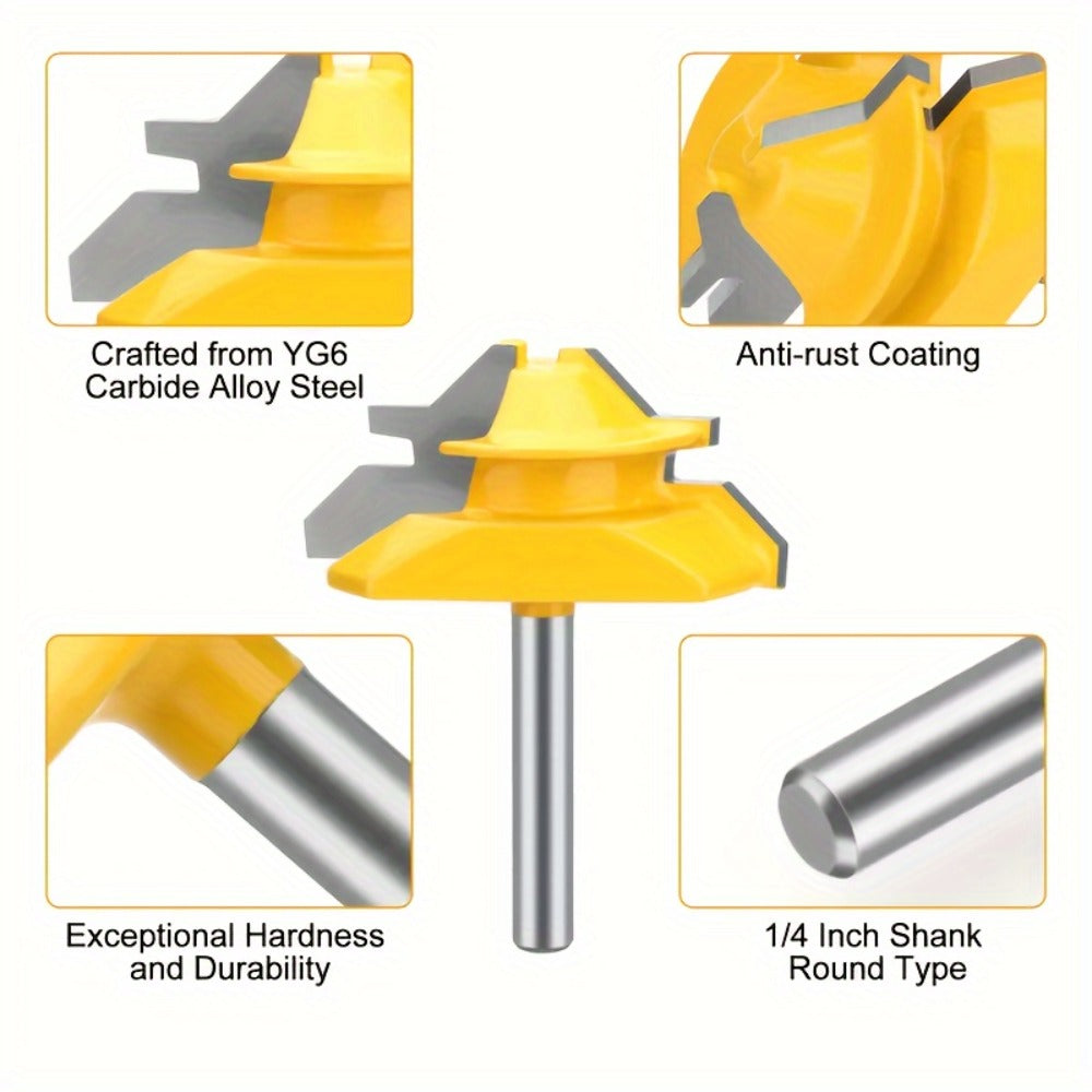 Locking Miter Router Bit Set 3 Piece 45 Degree 1/4 Inch Shank Carbide Woodworking Joinery Box Joint Corner Bits for Router Table