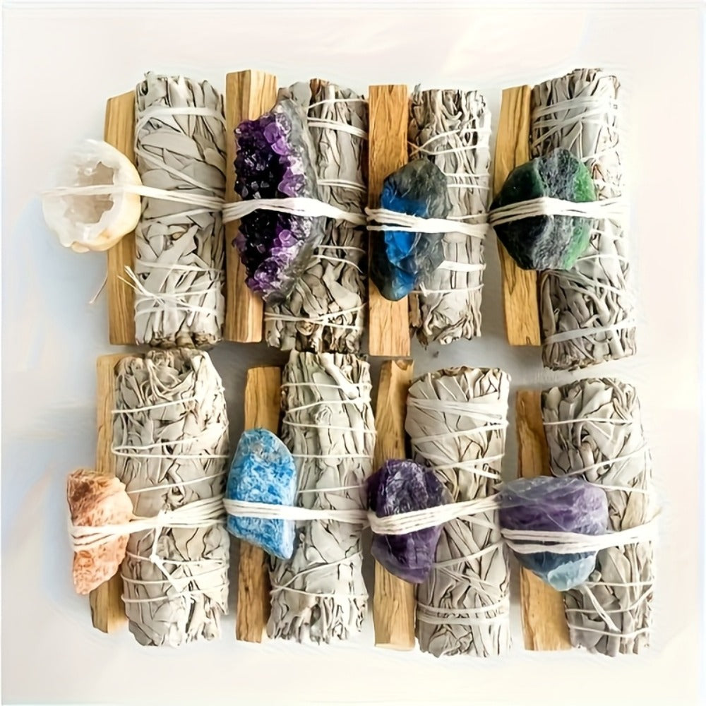 Natural Crystal White Sage Smudge Set for Space Cleansing Home Rituals Meditation Decor Teacher Appreciation Easter Gift Random Crystal