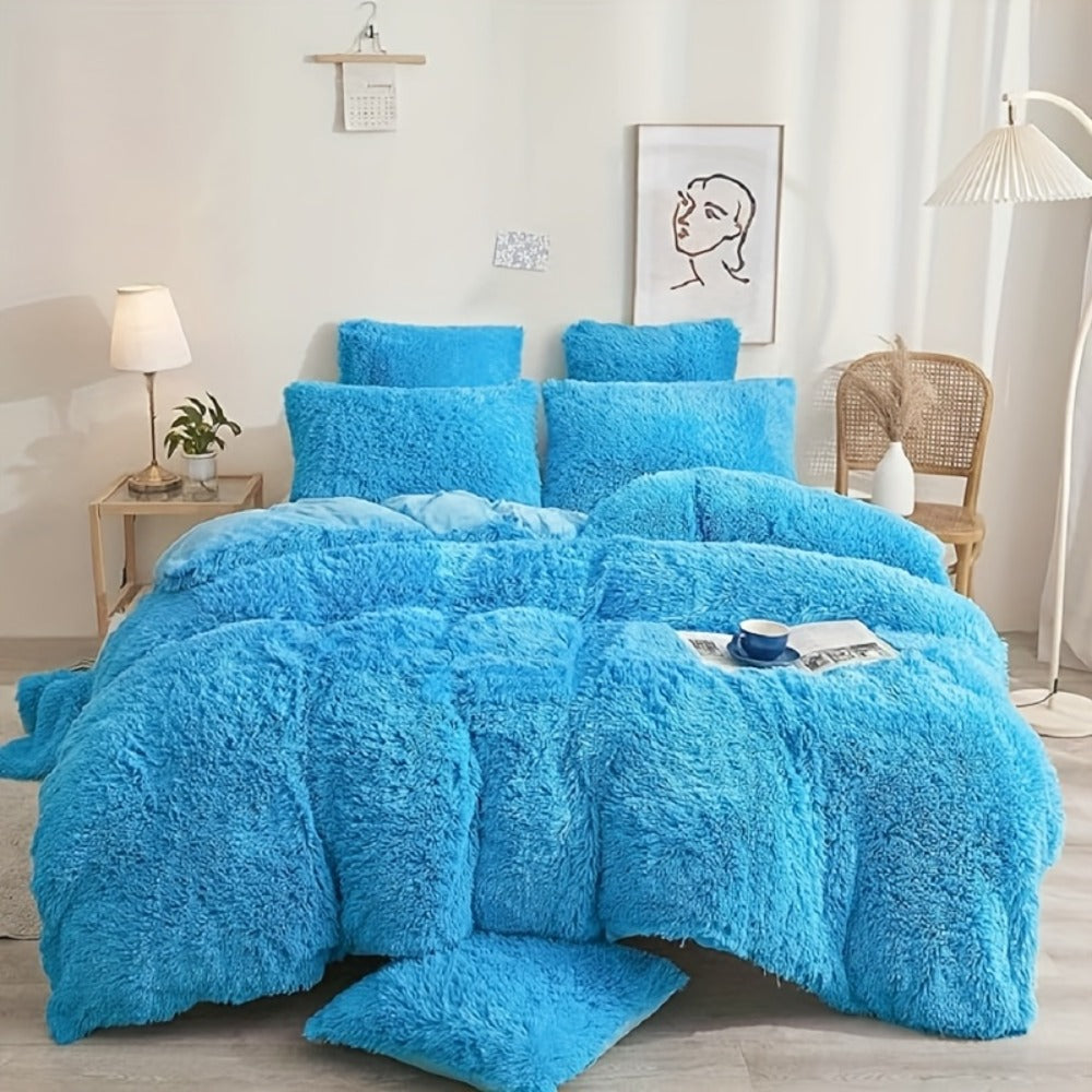 Fluffy Bedding Set 4pcs Soft Warm Plush Duvet Cover with Pillowcases Queen King - Cozy Autumn Winter Comforter Set 8 Colors