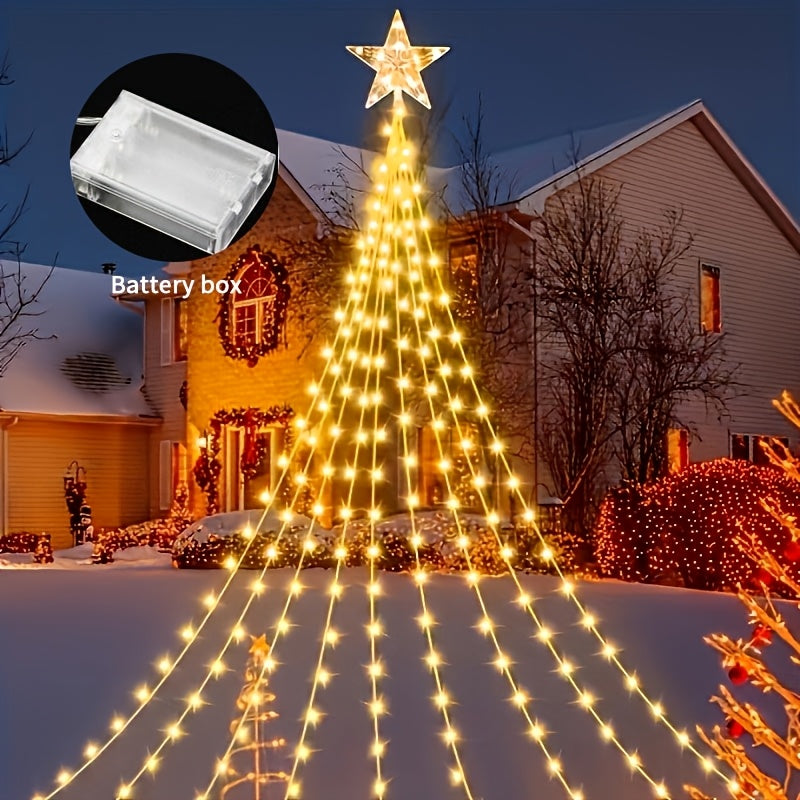 Christmas Tree Waterfall Fairy Lights 200 LED with Star Top Decoration, 8 Lighting Modes ¡ª Battery, Solar & USB Powered Indoor Outdoor Colorful Cascading Holiday Light Strip