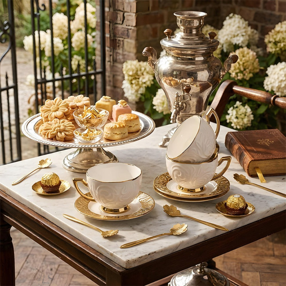 Espresso Cups Set 12 Pcs ¨C 7.44 Oz Small Ceramic Cappuccino Cup Set with 6 Cups, 6 Trays & 6 Spoons ¨C Elegant Coffee & Tea Cup Set with Handles ¨C Perfect Gift for Coffee Lovers