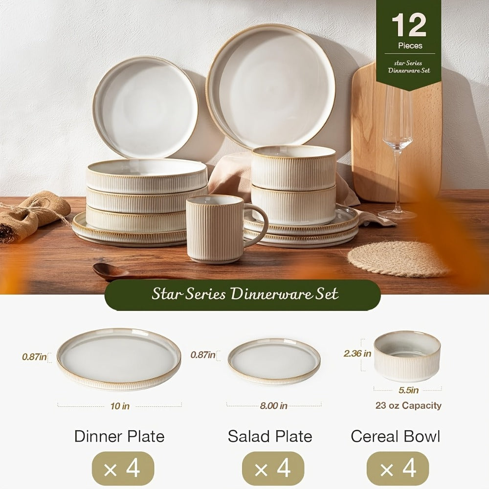 Dinnerware Set for 4 12 Piece Stoneware Plates and Bowls Set Microwave Dishwasher Safe Lead Free Double Reactive Glaze Dinner Plates Salad Plates Cereal Bowls for Everyday Use Holiday Gifts