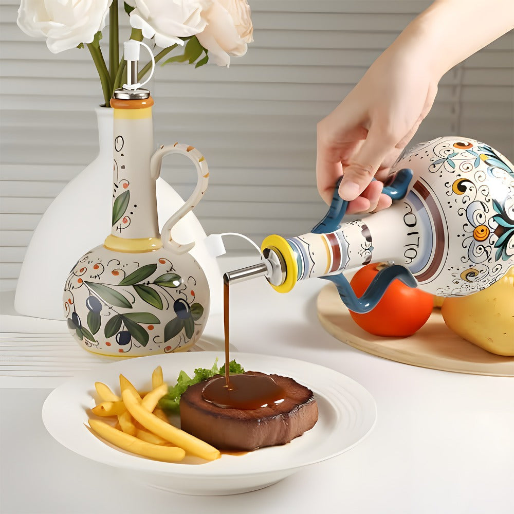Ceramic Oil and Vinegar Dispenser Set Hand-Painted Underglaze Anti-Drip Leak-Proof Kitchen Oil Bottle with Oil Spout and Foot Pad Olive Green Lemon Yellow