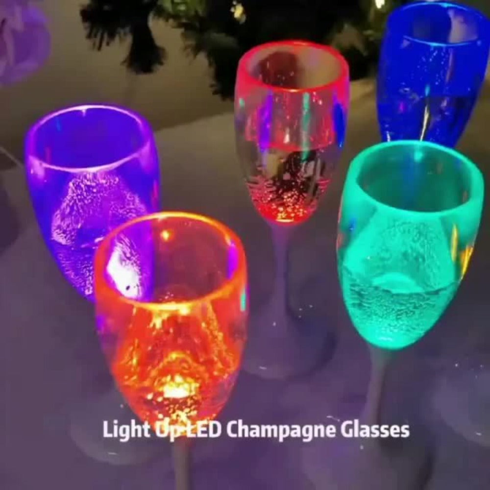 LED Light Up Champagne Flutes Set of 6 ¨C Glow in the Dark Colored Plastic Wine Glasses for Birthday Halloween Christmas Wedding Party Favors Adults