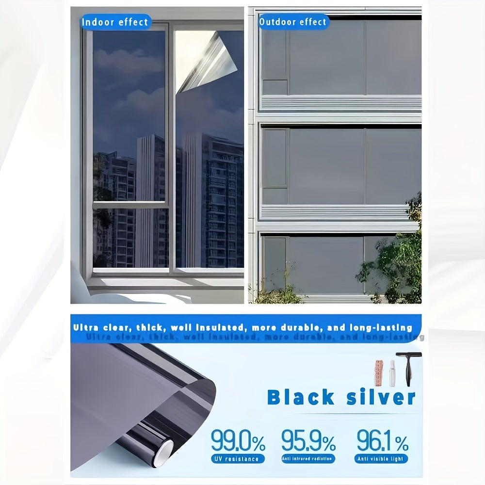 One Way Window Privacy Film Static Cling No Glue UV Blocking Heat Control Reflective Mirror Film for Home Office Bathroom, 12 Mil, Black Blue Gray Silver