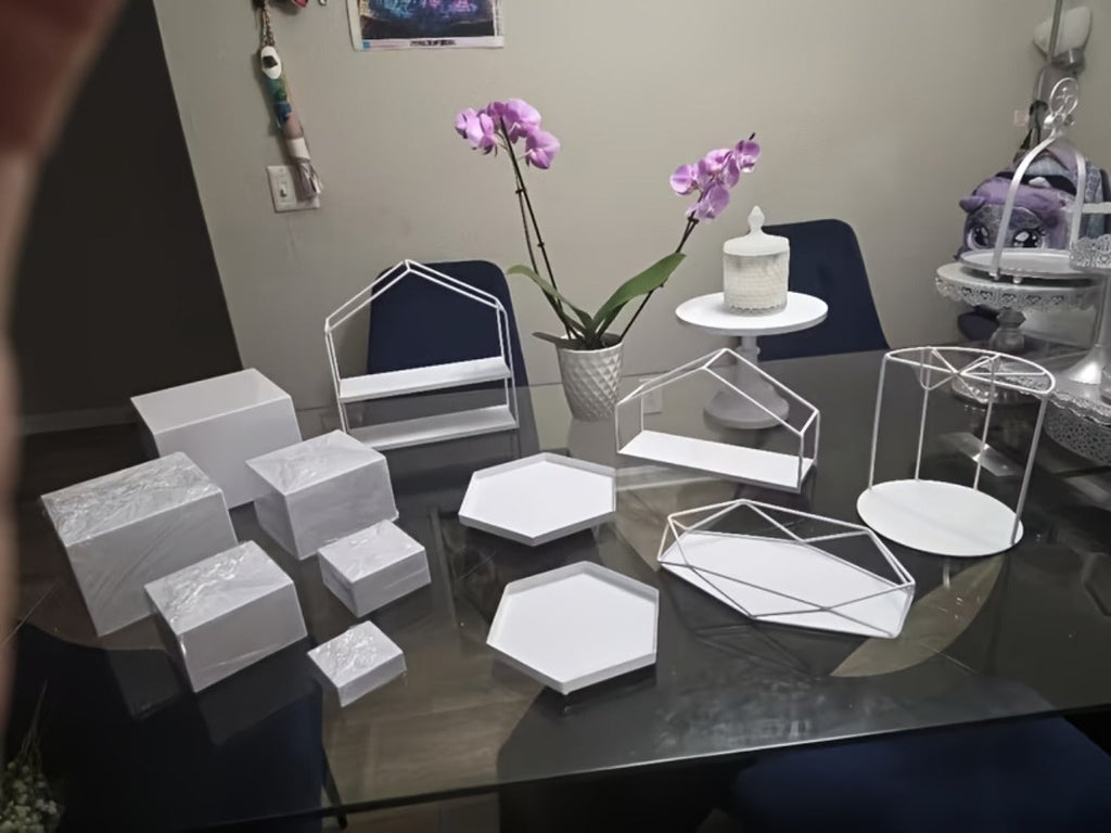 Display Stands 6pcs Five-Sided Square Buffet Risers - White Transparent Dessert Cake Display Storage Rack for Party Wedding Catering Retail Boutique Gallery Home Decor