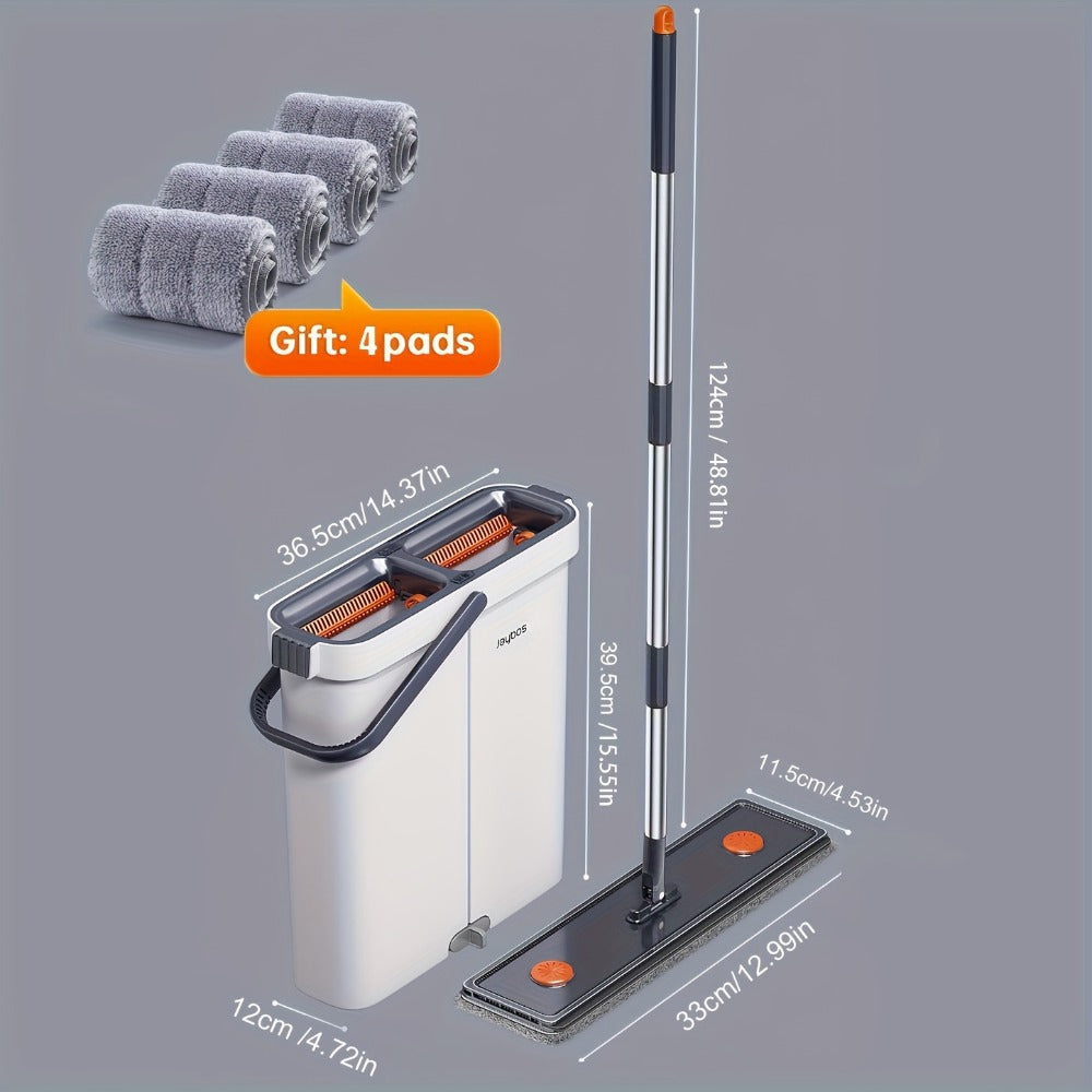 Flat Mop and Bucket System with Washable Reusable Microfiber Pads Dual Bucket Wringer Wet Dry Floor Mop for Hardwood Tile Marble Wall Cleaning Stainless Steel Handle 12.99in or 15.74in Mop Head