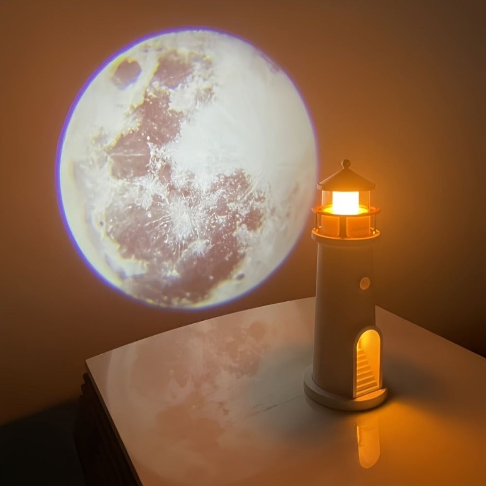Moon Lighthouse Projector Night Light ¨C Motion Sensor LED Lamp with USB Charging, Always-On Mode, Moonlight Ocean Projection, Decorative Ambient Light & Unique Gift for Home Bedroom Decor