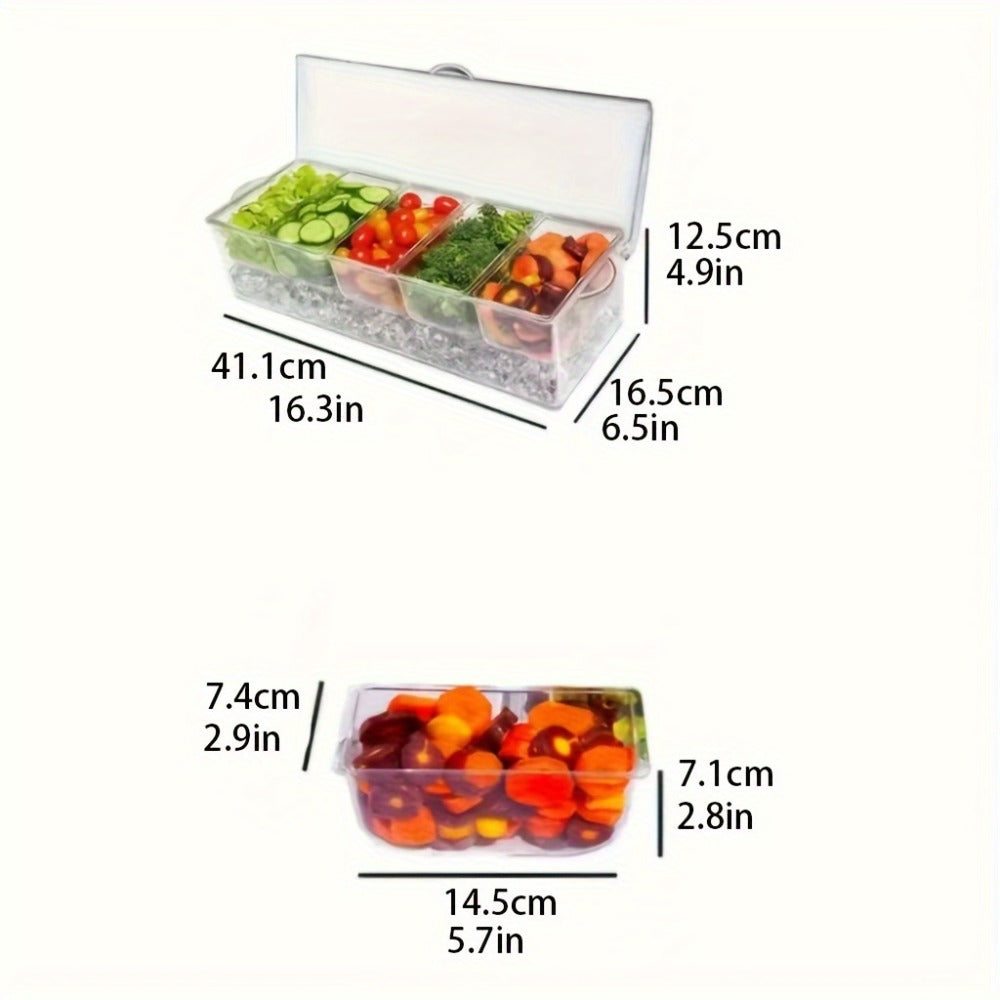 Condiment Caddy with Lid 5 Compartments Clear Serving Tray Bar Fruit Caddy Ice Tray Party Toppings Container Garnish Station
