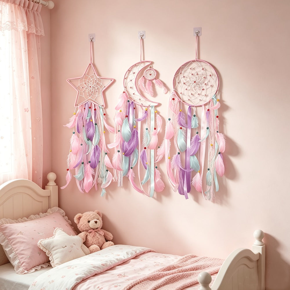 Dream Catcher Set of 3 - Moon Sun Star Wall Hanging Decor for Bedroom, Boho Room Decor for Teen Girls Kids, Princess Bedroom Decoration, 8 Inch Metal Hoop, Pink White Black Brown, Nursery Wall Art Gift