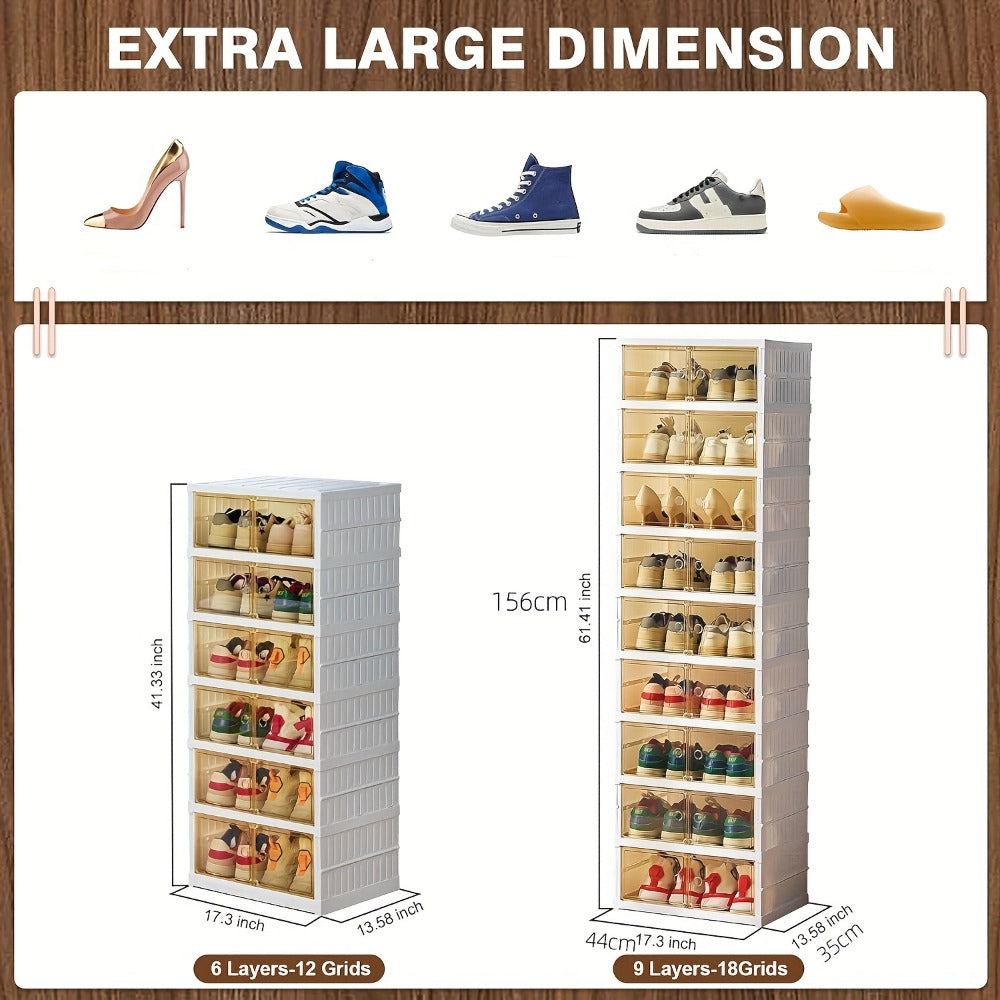 Shoe Rack Organizer 9-Tier, Collapsible Clear Plastic Foldable Stackable Shoe Cabinet with Shelves & Doors ¡ª No Assembly, Space-Saving Narrow Storage for Hallway, Apartment & Small Spaces